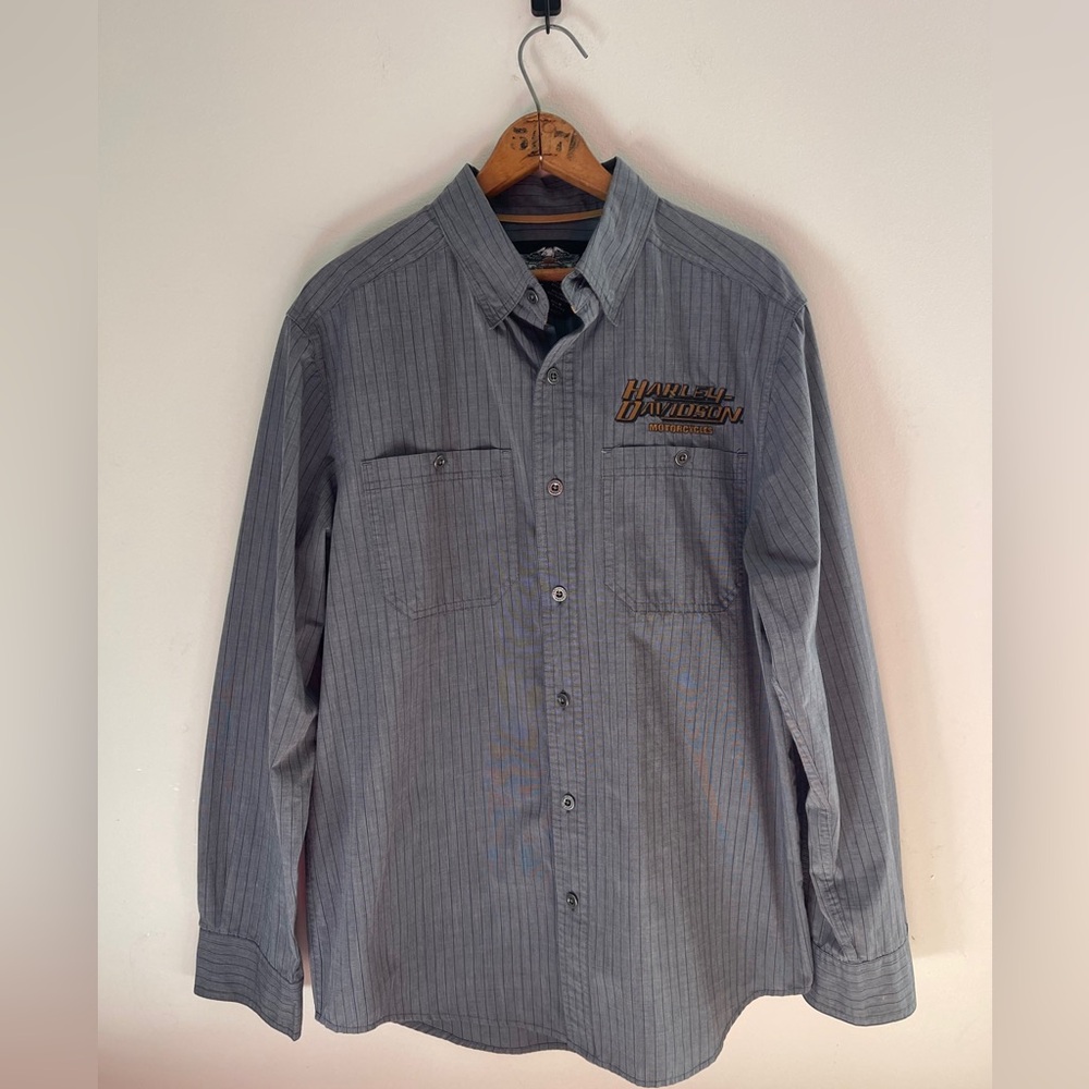 Harley Davidson Blue/Grey Pinstripe Shirt Long Sleeve Button Up Mens M Biker